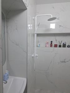 a white bathroom with a shower and a sink at Apartment HOME две спальни in Reni