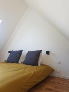 a bedroom with a bed with two blue pillows at Dacoté Duplex in La Croix-Helléan