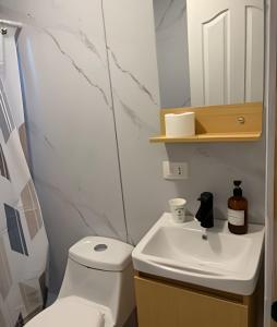 a bathroom with a white toilet and a sink at Lindas y acogedoras cabañas en puerto varas. in Puerto Chico