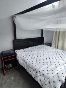 une chambre avec un lit à baldaquin dans l'établissement Happy Shayo 01 Boutique Hotel Kinondoni, à Dar es Salaam