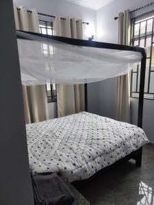 Cette chambre dispose d'un lit à baldaquin et de fenêtres. dans l'établissement Happy Shayo 01 Boutique Hotel Kinondoni, à Dar es Salaam