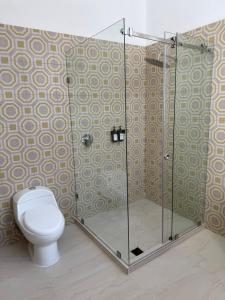 a bathroom with a toilet and a glass shower at Casa Vega in Cuenca +26 photos