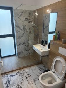 a bathroom with a toilet and a sink at Aviatiei-Boutique in Bucharest +3 photos