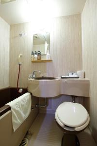 a bathroom with a sink and a toilet and a mirror at Grampus Inn Osaka in Osaka