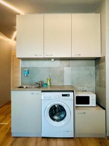 a kitchen with a washing machine and a sink at Joy Station Appartment 2 in Sofia