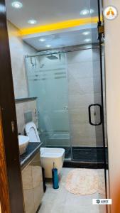 a bathroom with a shower and a toilet and a sink at Stylish & Trendy in Cairo