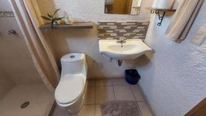 a small bathroom with a toilet and a sink at Walk 2 blocks to the beach and downtown! in Cabo San Lucas