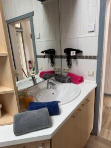 a bathroom with a sink and a mirror at Seeschwalbe 78 in Rechlin +16 photos