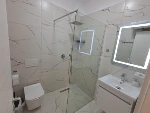 een badkamer met douche, toilet en wastafel bij MarMeg Guesthouse in Tirana +14 foto's