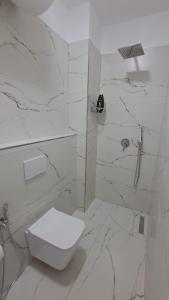 een witte badkamer met toilet en douche bij MarMeg Guesthouse in Tirana