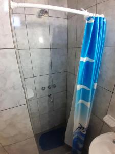 a shower with a blue shower curtain in a bathroom at Hotel Rincon Serrano in San Agustín de Valle Fértil +45 photos