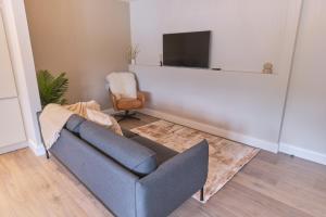 a living room with a couch and a television at Riverside Dingle - Luxury Apt 4 in Dingle