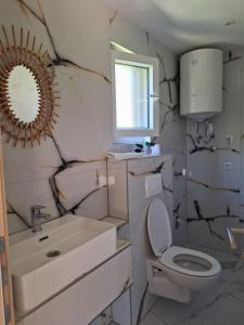 Un baño con lavabo, inodoro y espejo. en Oaza mira 2, en Jajce