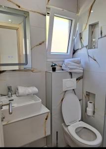 Un baño con inodoro, lavabo y espejo. en Oaza mira 2, en Jajce