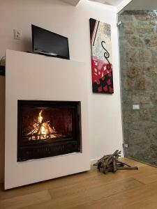 a living room with a fireplace with a tv above it at Casa sulla Forra in Nepi