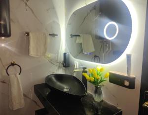 a bathroom with a black sink and a mirror at Biserna dolina LUX Uvac in Sjenica