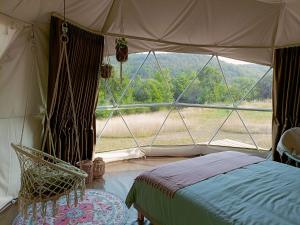a bedroom with a tent with a bed and a window at Glamping Dôme Benzène in Fonmourenne