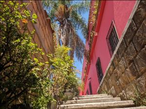 a stairway leading up to a pink building with a palm tree at Departamento, 2 Recamaras, Familiar o Equipos de Trabajo, WiFi incluido in Tepotzotlán