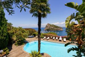 a swimming pool with a view of the ocean at Villa Massimo Cartaromana with wide pool and view on the Castle in Ischia