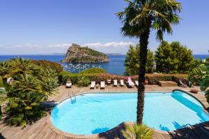 a swimming pool with a view of the ocean at Villa Massimo Cartaromana with wide pool and view on the Castle in Ischia