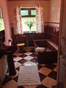 baño con bañera, lavabo y ventana en Eriu Lodge, en Clifden