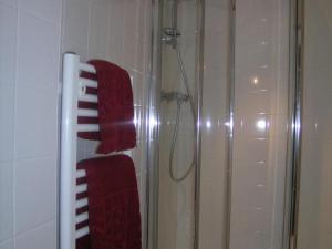 a bathroom with a shower with a red towel at Spacieux gîte près d'un château avec parc, 4 chambres, 2 sdb, Wifi, et animaux acceptés. - FR-1-489-215 in Trévol +8 photos
