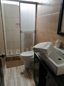 a bathroom with a toilet and a sink and a shower at Vacation Home - Villa Konecta in Santiago de Cao