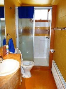a bathroom with a shower and a toilet and a sink at Sun Valley Apartment 7 in Falls Creek +8 photos