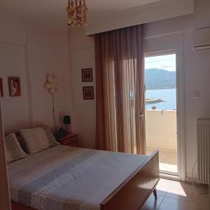 a bedroom with a bed and a view of the ocean at Blue and Green in Neos Marmaras