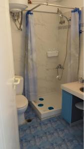 a bathroom with a shower with a toilet and a sink at Blue and Green in Neos Marmaras