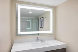 een badkamer met een witte wastafel en een spiegel bij Ramada Plaza by Wyndham Orlando Resort & Suites Intl Drive - Newly Renovated! in Orlando
