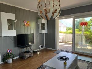 sala de estar con TV de pantalla plana y lámpara de araña en Lili Apartment, en Åndalsnes