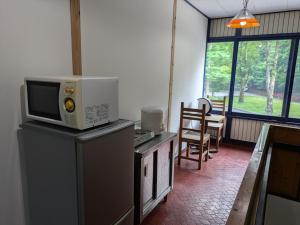 a kitchen with a microwave on top of a refrigerator at Men only B&B KegonFalls in Nikko