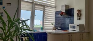 a kitchen with a window with a microwave on a counter at уют in Dobrovelychkivka