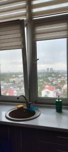 a kitchen counter with a sink and two windows at уют in Dobrovelychkivka