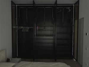 蒂米什瓦拉Milo Residence的房间里有一张床，里面有一个带黑色门的壁橱