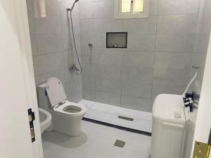 a bathroom with a shower with a toilet and a sink at شقق الضباب 2 in Al Baha