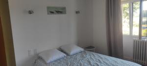 ein Schlafzimmer mit einem Bett mit zwei Kissen darauf in der Unterkunft Villa rivière sur le Golfe in Pluneret
