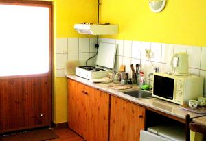 a kitchen with a sink and a microwave at Czanadomb apartman in Cserkút +2 photos