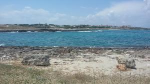 a beach with rocks and the ocean in the background at Hotel Corallo in Torre Santa Sabina