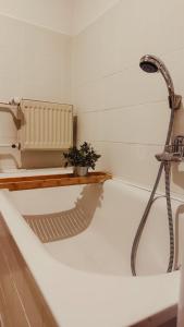 a bath tub with a faucet in a bathroom at Nordisches Premium Apartment in Wismar