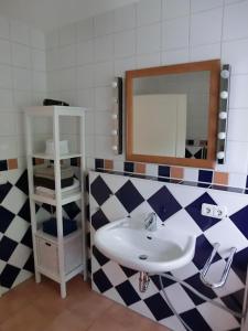 een badkamer met een wastafel en een spiegel bij Ferienwohnung Mozart Bayreuth in Bayreuth
