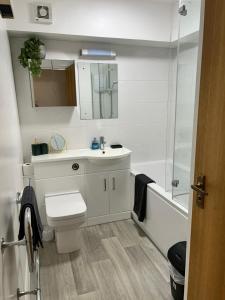 a bathroom with a toilet and a sink and a tub at One bed Apartment with Parking in Seaford