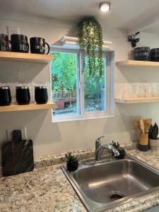 a kitchen counter with a sink and a window at Hiker's Hideaway on The River in Cosby +26 photos