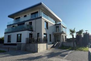 a white house with a palm tree in front of it at Haus am Wittenwiewerbarg in Dahme