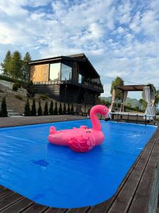 a pink inflatable pink flamingo on a swimming pool at Sky Space Slavske Котеджі в горах з теплим басейном in Slavske