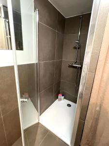 a shower with a glass door in a bathroom at Maison de village in Barbaggio +11 photos