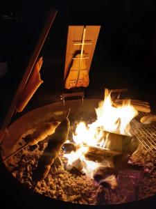 a person cooking food over a grill with fire at Landhof Rothenberg in Rothenberg