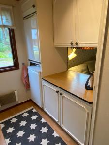 Кухня или мини-кухня в Mysig stuga med kamin och gratis båt
