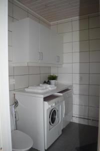a kitchen with a washing machine and a sink at Rural living near Båstad, Mellbystrand in Edenberga